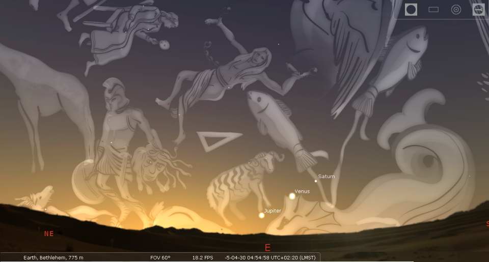 Stellarium Screenshot: Jupiter - Saturn - Venus conjunction on April 30, 6 BC.