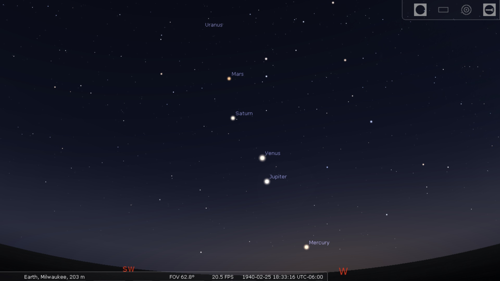Western sky on February 25, 1940. Stellarium.