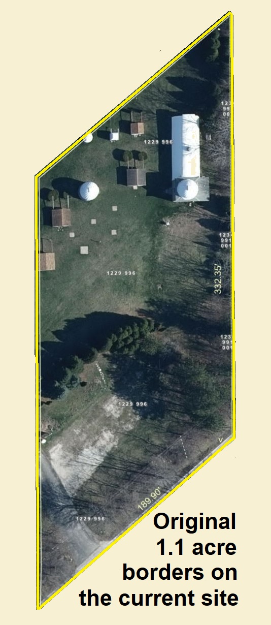 The original 1.1 acre superimposed with the modern observatory. Note the Z-Dome is not within the original property!
Click on the image to see it with the modern borders. The original 1.1 acre superimposed with the modern observatory.