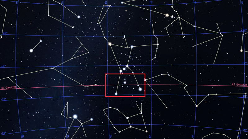 Skyview of the winter sky area centered on M42 in the constellation Orion. Stellarium.