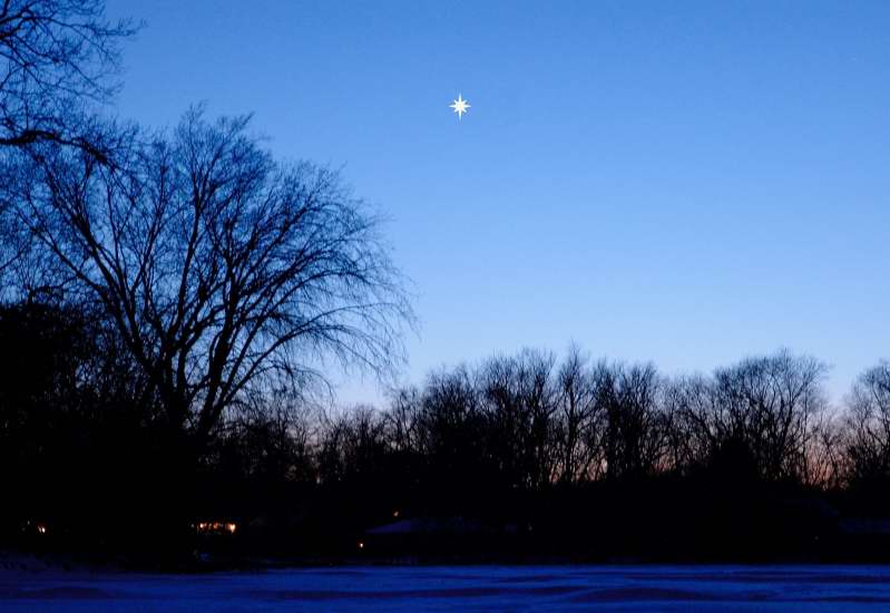 Venus in the twilight sky. The star image of Venus is simulated because actual photographs fail to show how bright it really appears. Venus in the twilight sky - Simulated - MAS image