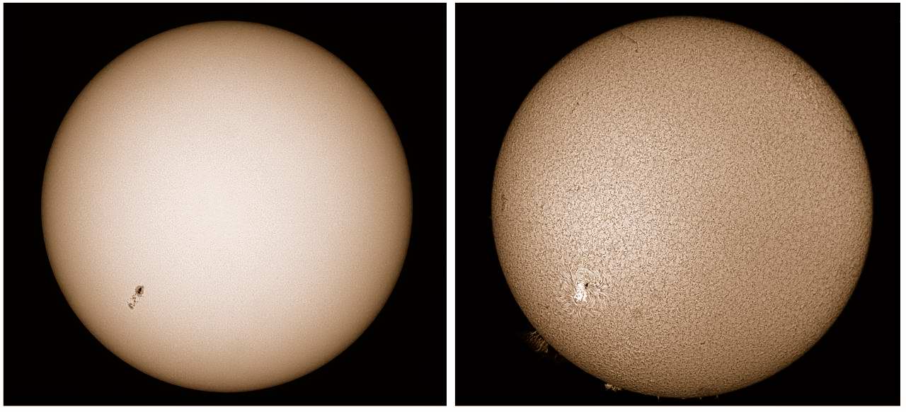 The Sun simultaneously in whitelight and Hydrogen Alpha. MAS image. The Sun simultaneously in whitelight and Hydrogen Alpha. MAS image.
