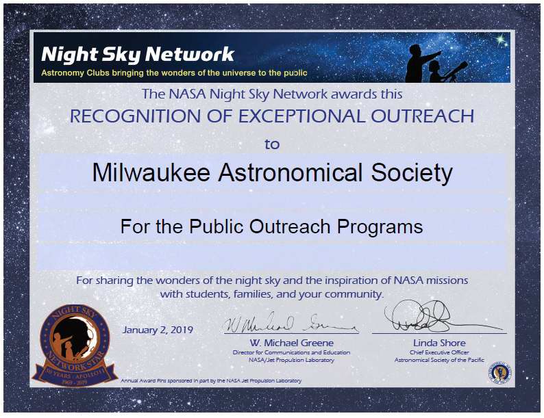 Night Sky Network Award Certificate