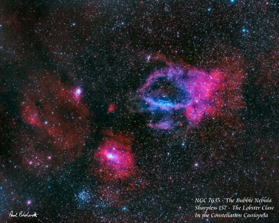 Sh2-157 & NGC 7635 - Lobster Claw and Bubble Nebulae & M52 by Paul Borchardt 