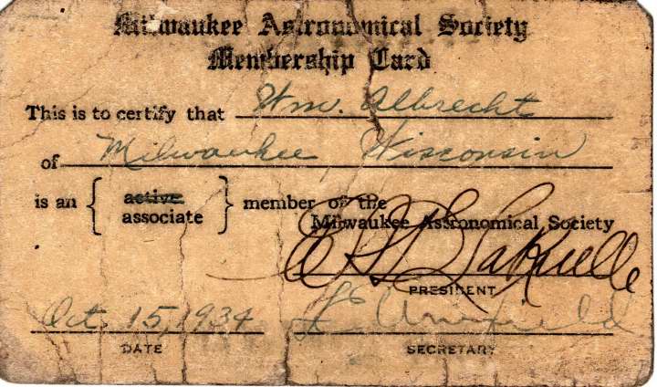 Bill Albrech's 1934 MAS membership card