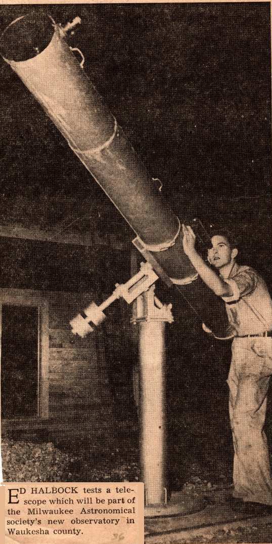 Ed Halbach at Tabbott's 8 inch telescope - Newspaper article in 1936.