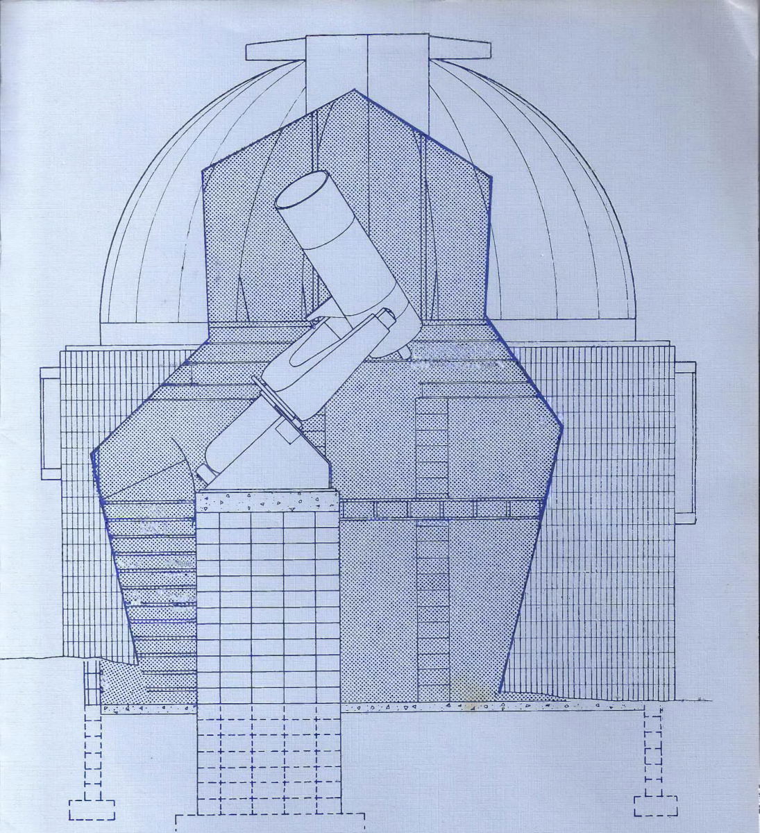 Z-Dome Rendering. Exterior with cutout to show the telescope, mount, and pier. viewed from the east.