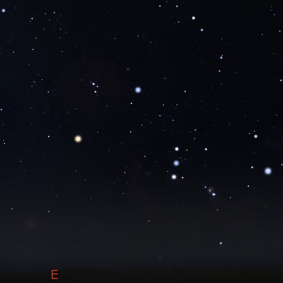 Orion just rising in the east. Stellarium.