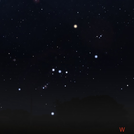 Orion just before setting in the west. Stellarium.