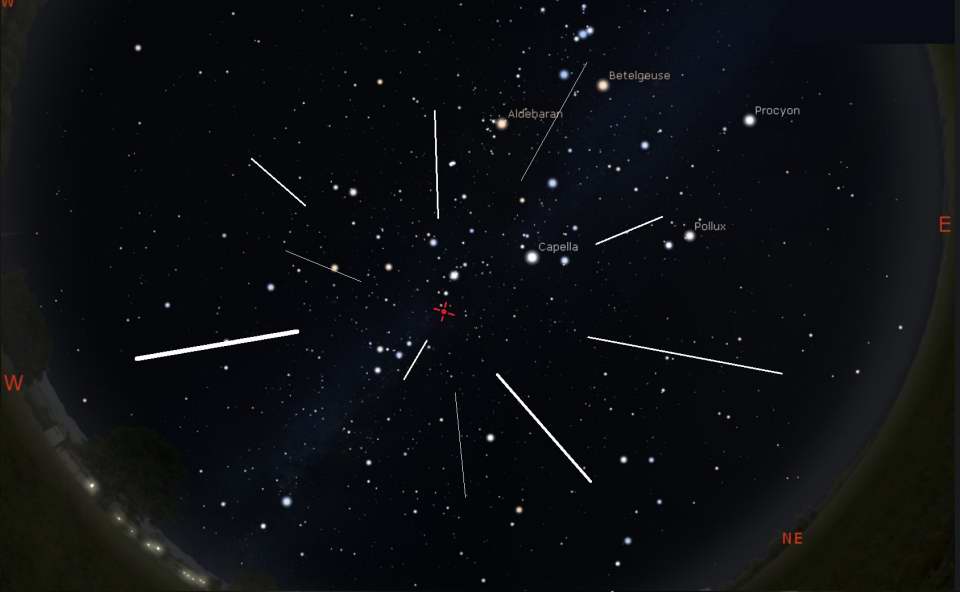 Meteors from the Perseid Shower. MAS image derived thru Stellarium.