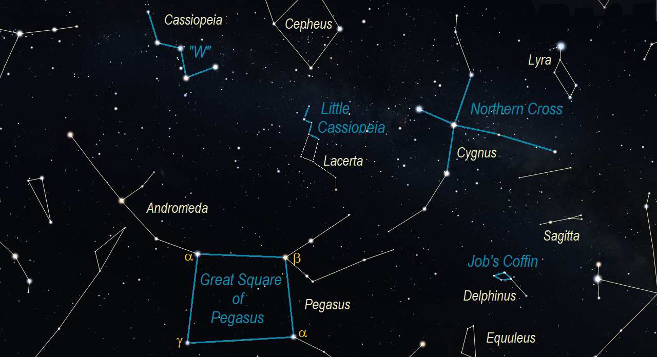 Great Square of Pegasus, "W", Little Cassiopeia, Northern Cross, and Job's Coffin Asterisms. Stellarium.