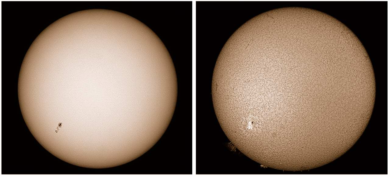 The Sun simultaneously in whitelight and Hydrogen Alpha. MAS image.
