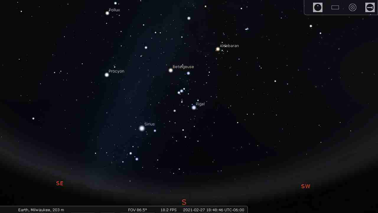 Sky with the brightest stars labeled - Stellarium